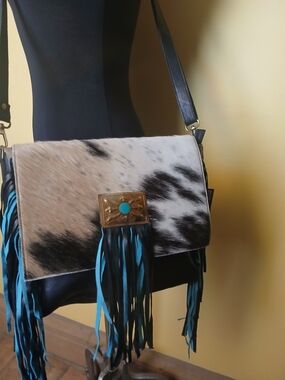 Cowhide Fringe Crossbody Bag with Turquoise Accent - Black & White